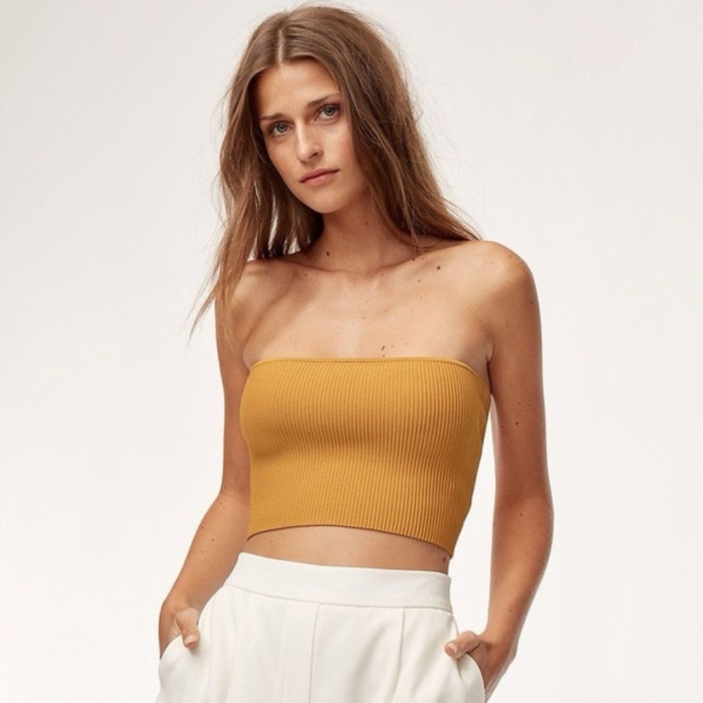 Babaton Golden Ribbed Strapless Crop Top